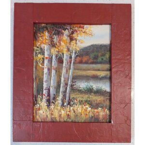 Framed Autumn Landscape Oil Painting Birch Trees Red Frame